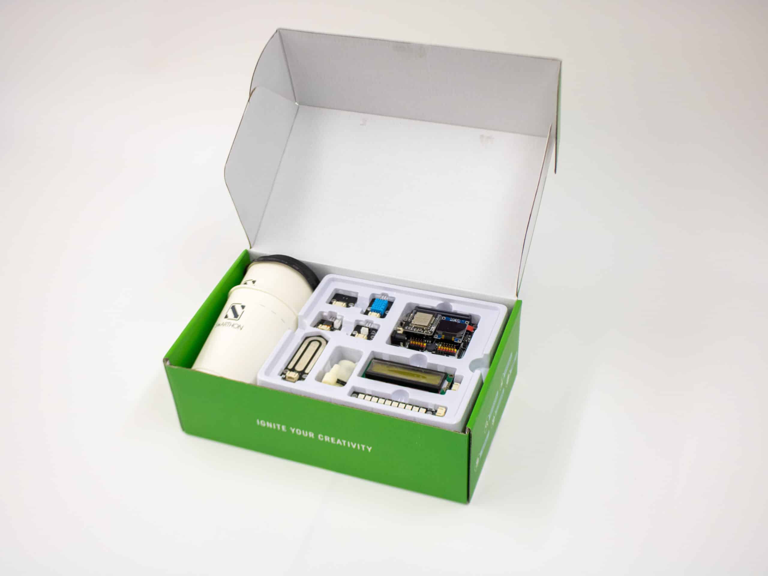 The kit opened to reveal sensors and planter
